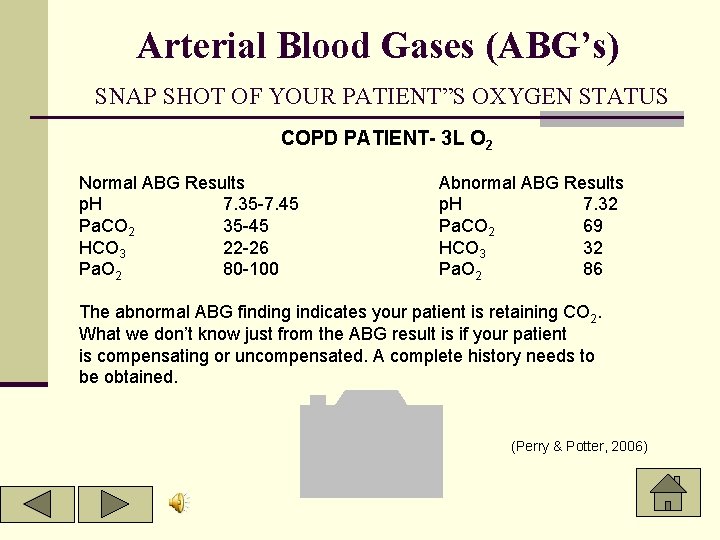 Arterial Blood Gases (ABG’s) SNAP SHOT OF YOUR PATIENT”S OXYGEN STATUS COPD PATIENT- 3