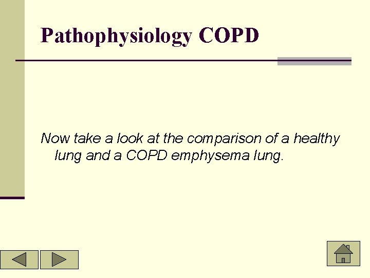 Pathophysiology COPD Now take a look at the comparison of a healthy lung and