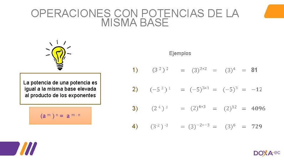 OPERACIONES CON POTENCIAS DE LA MISMA BASE Ejemplos 1) La potencia de una potencia