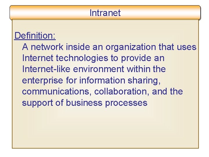 Intranet Definition: A network inside an organization that uses Internet technologies to provide an