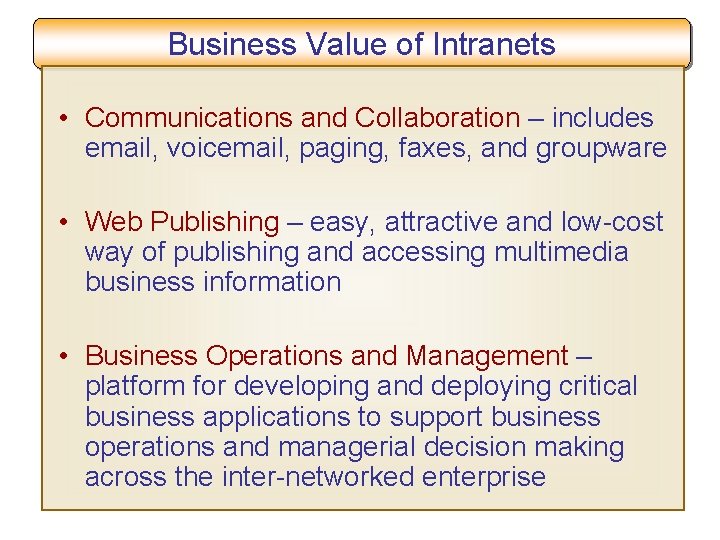Business Value of Intranets • Communications and Collaboration – includes email, voicemail, paging, faxes,