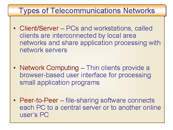 Types of Telecommunications Networks • Client/Server – PCs and workstations, called clients are interconnected