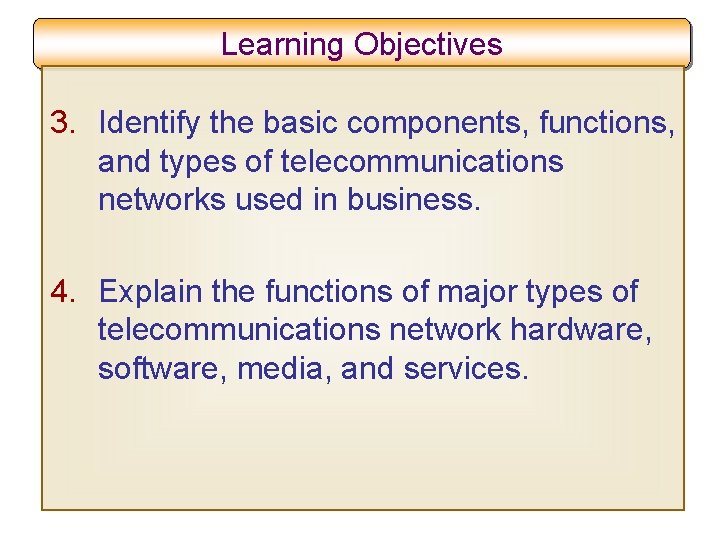Learning Objectives 3. Identify the basic components, functions, and types of telecommunications networks used