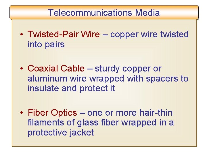 Telecommunications Media • Twisted-Pair Wire – copper wire twisted into pairs • Coaxial Cable