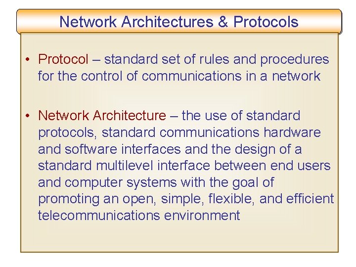 Network Architectures & Protocols • Protocol – standard set of rules and procedures for