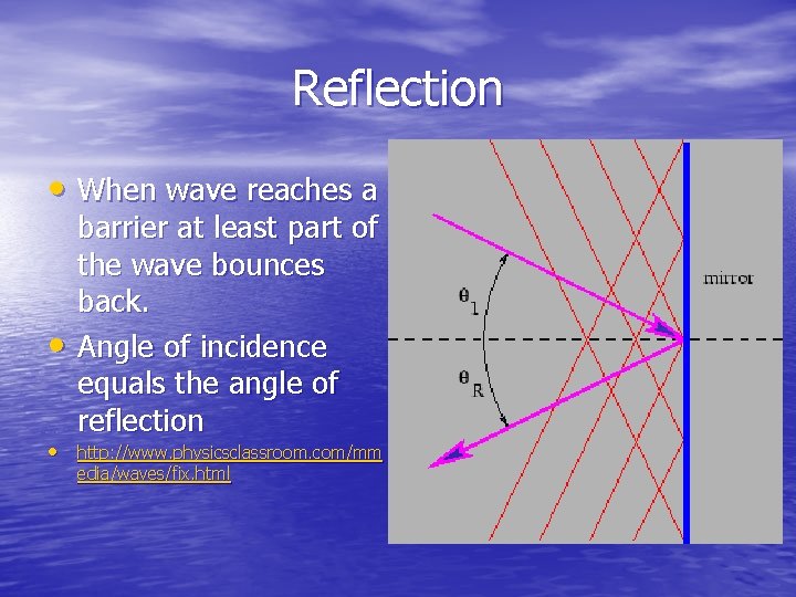 Reflection • When wave reaches a • barrier at least part of the wave