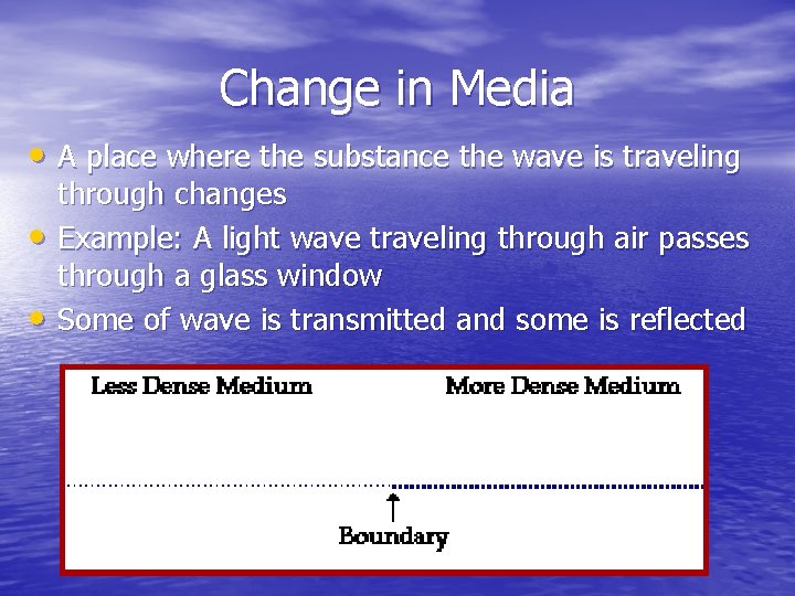 Change in Media • A place where the substance the wave is traveling •