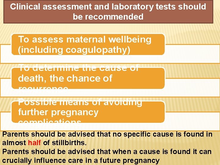 Clinical assessment and laboratory tests should be recommended To assess maternal wellbeing (including coagulopathy)