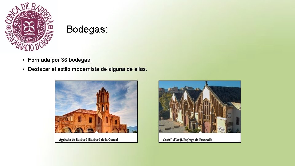 Bodegas: • Formada por 36 bodegas. • Destacar el estilo modernista de alguna de