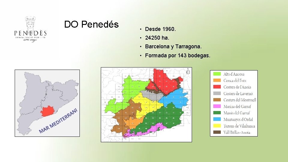 DO Penedés • Desde 1960. • 24250 ha. • Barcelona y Tarragona. • Formada