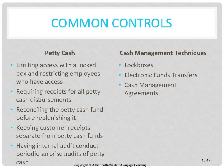 COMMON CONTROLS Petty Cash Management Techniques • Limiting access with a locked • Lockboxes