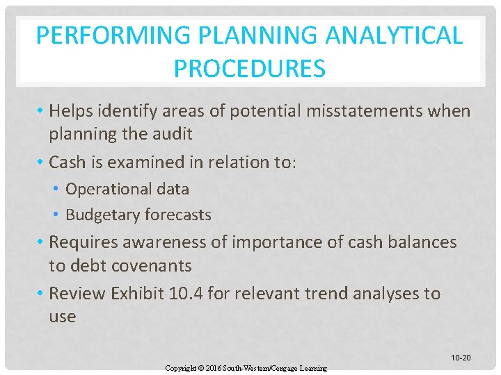 PERFORMING PLANNING ANALYTICAL PROCEDURES • Helps identify areas of potential misstatements when planning the