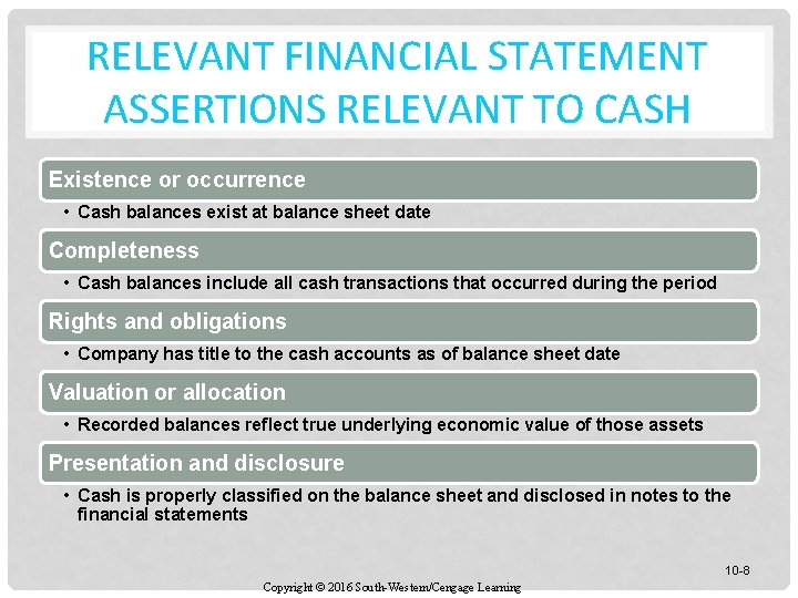 RELEVANT FINANCIAL STATEMENT ASSERTIONS RELEVANT TO CASH Existence or occurrence • Cash balances exist