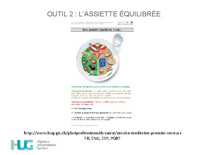 OUTIL 2 : L’ASSIETTE ÉQUILIBRÉE http: //www. hug-ge. ch/pluriprofessionnels-sante/service-medecine-premier-recours FR, ENG, ESP, PORT 