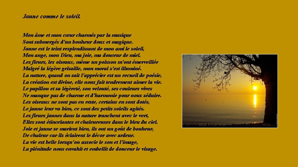 Jaune comme le soleil. Mon âme et mon cœur charmés par la musique Sont