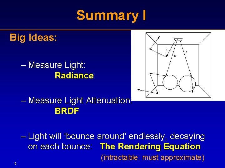 Summary I Big Ideas: – Measure Light: Radiance – Measure Light Attenuation: BRDF –