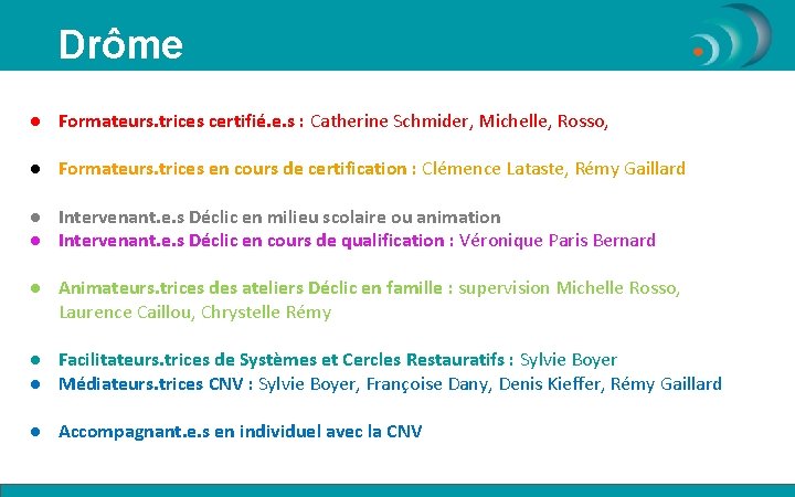 Drôme ● Formateurs. trices certifié. e. s : Catherine Schmider, Michelle, Rosso, ● Formateurs.