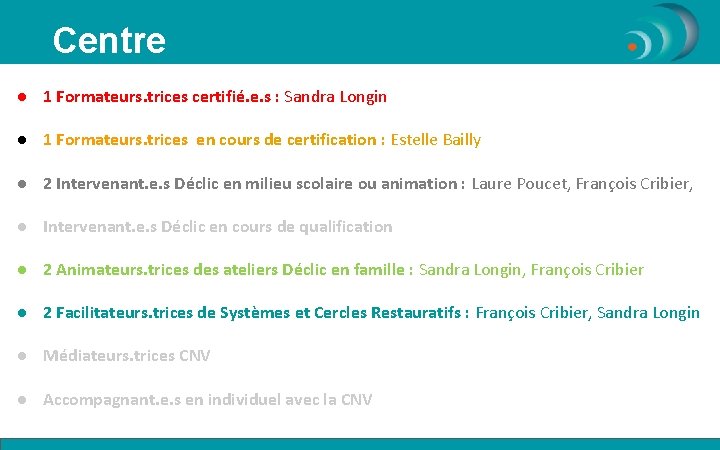 Centre ● 1 Formateurs. trices certifié. e. s : Sandra Longin ● 1 Formateurs.