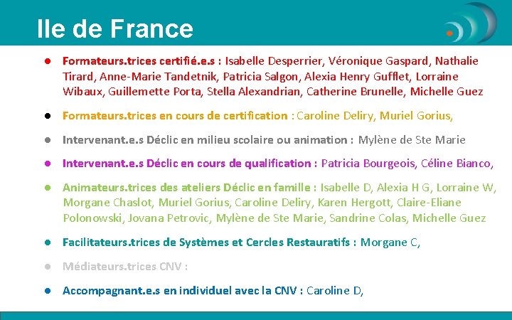 Ile de France ● Formateurs. trices certifié. e. s : Isabelle Desperrier, Véronique Gaspard,