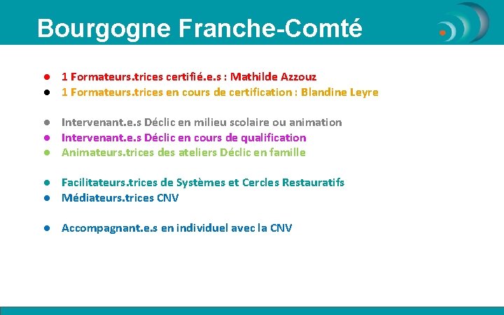 Bourgogne Franche-Comté ● 1 Formateurs. trices certifié. e. s : Mathilde Azzouz ● 1