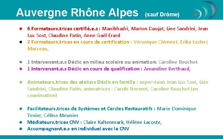 Auvergne Rhône Alpes (sauf Drôme) ● 6 Formateurs. trices certifié. e. s : Manibhadri,