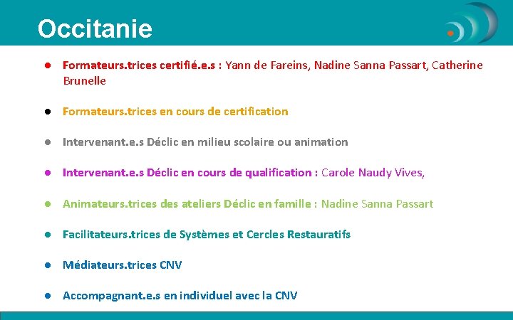 Occitanie ● Formateurs. trices certifié. e. s : Yann de Fareins, Nadine Sanna Passart,