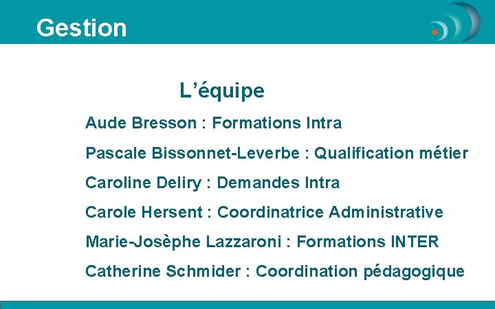 Gestion L’équipe Aude Bresson : Formations Intra Pascale Bissonnet-Leverbe : Qualification métier Caroline Deliry