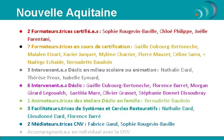 Nouvelle Aquitaine ● 2 Formateurs. trices certifié. e. s : Sophie Rougevin-Baville, Chloé Philippe,