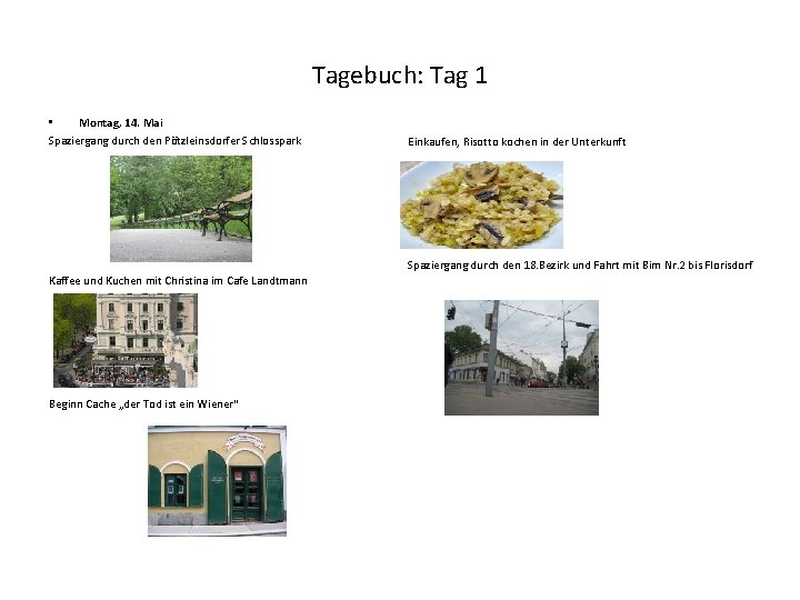 Tagebuch: Tag 1 • Montag, 14. Mai Spaziergang durch den Pötzleinsdorfer Schlosspark Einkaufen, Risotto Tagebuch: Tag 1 • Montag, 14. Mai Spaziergang durch den Pötzleinsdorfer Schlosspark Einkaufen, Risotto