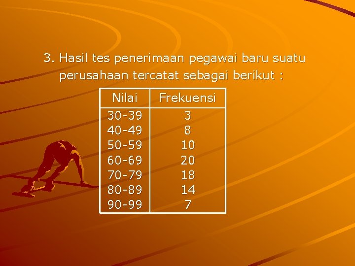 3. Hasil tes penerimaan pegawai baru suatu perusahaan tercatat sebagai berikut : Nilai 30