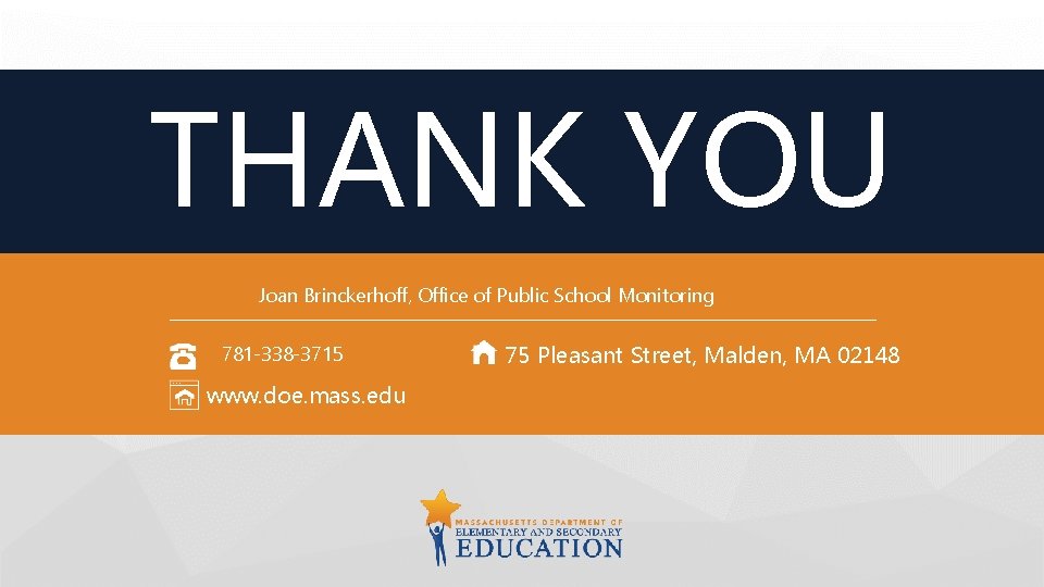 THANK YOU Joan Brinckerhoff, Office of Public School Monitoring 781 -338 -3715 www. doe.