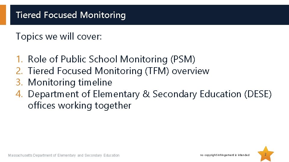 Tiered Focused Monitoring Topics we will cover: 1. 2. 3. 4. Role of Public