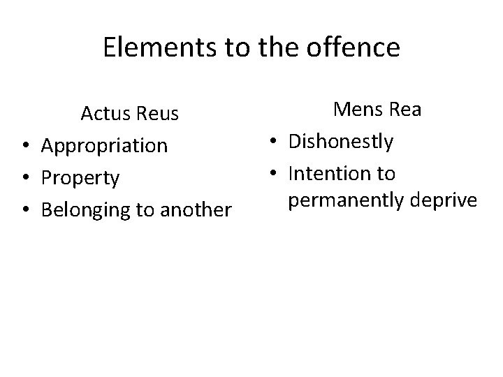 Elements to the offence Actus Reus • Appropriation • Property • Belonging to another