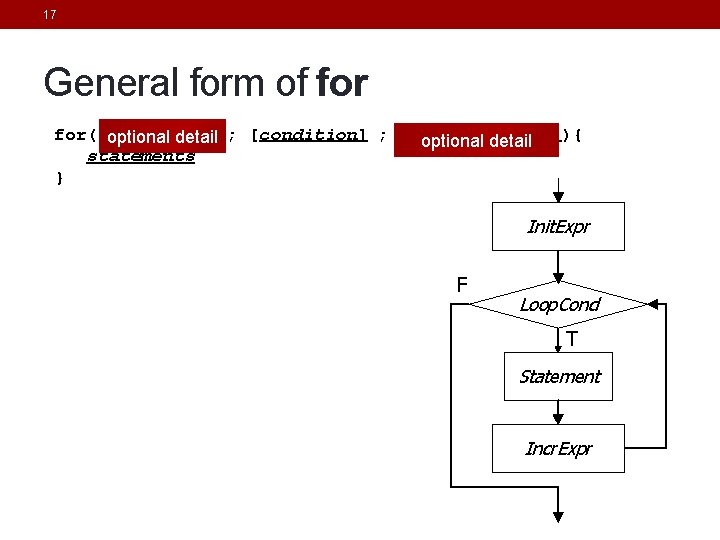 17 General form of for( optional [init. Expr] detail ; [condition] ; [increment. Expr]){