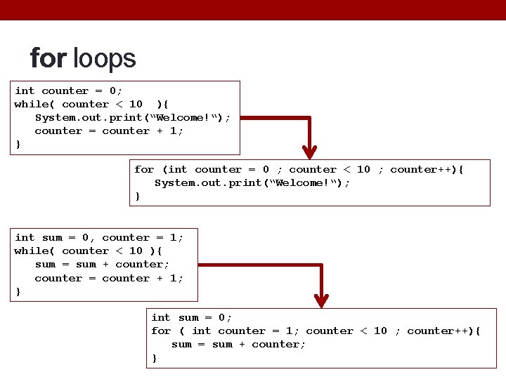 for loops int counter = 0; while( counter < 10 ){ System. out. print(“Welcome!“);