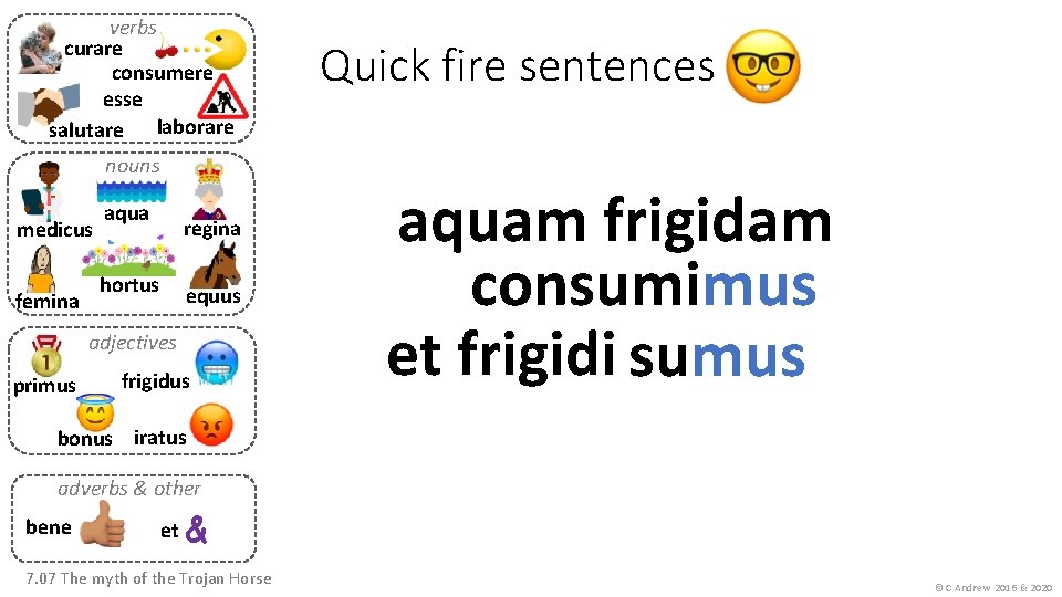 verbs curare consumere esse salutare laborare nouns medicus femina aqua regina hortus equus adjectives