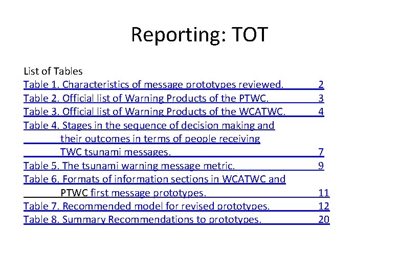 Reporting: TOT List of Tables Table 1. Characteristics of message prototypes reviewed. Table 2.