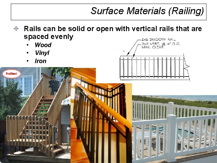 Surface Materials (Railing) ± Rails can be solid or open with vertical rails that