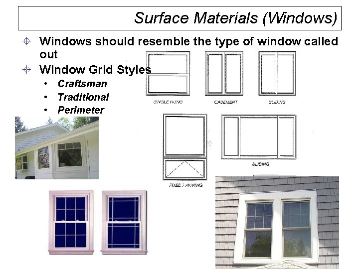 Surface Materials (Windows) ± Windows should resemble the type of window called out ±