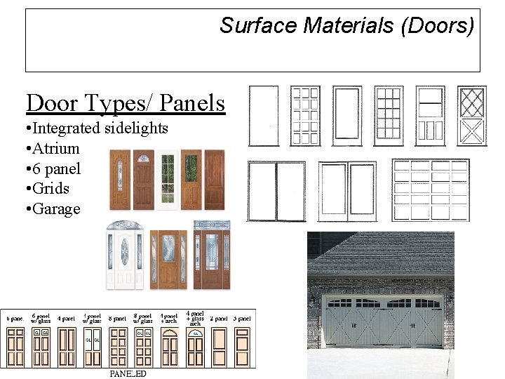 Surface Materials (Doors) Door Types/ Panels • Integrated sidelights • Atrium • 6 panel