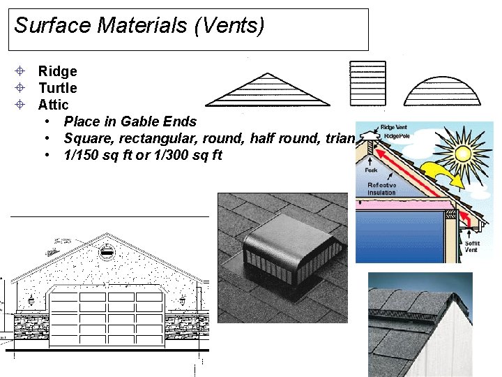 Surface Materials (Vents) ± Ridge ± Turtle ± Attic • Place in Gable Ends