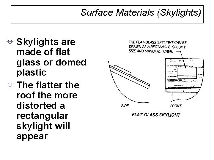 Surface Materials (Skylights) ± Skylights are made of flat glass or domed plastic ±