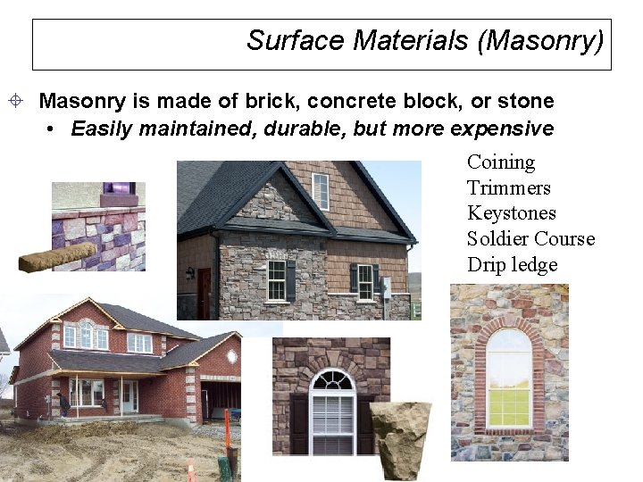 Surface Materials (Masonry) ± Masonry is made of brick, concrete block, or stone •