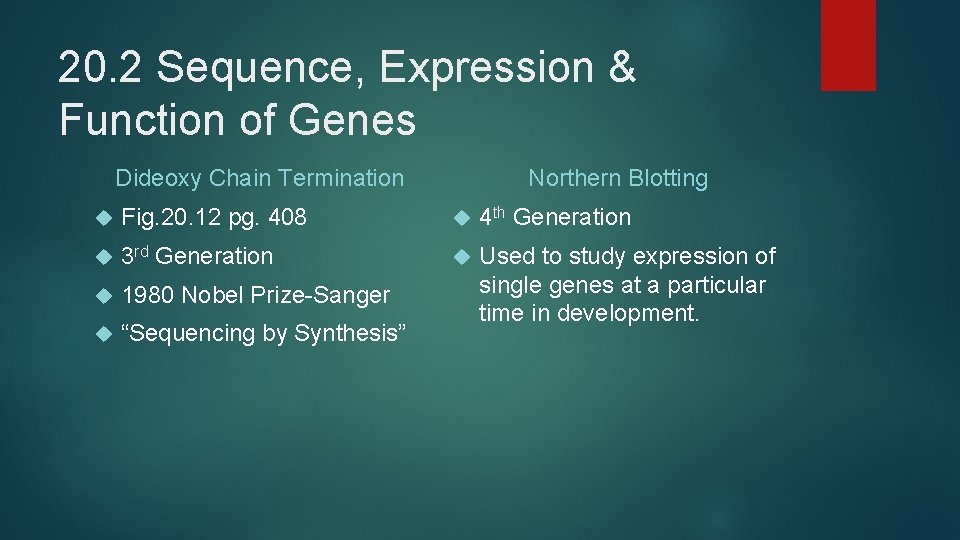 20. 2 Sequence, Expression & Function of Genes Dideoxy Chain Termination Northern Blotting Fig.
