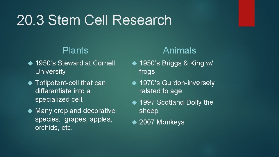20. 3 Stem Cell Research Plants Animals 1950’s Steward at Cornell University 1950’s Briggs