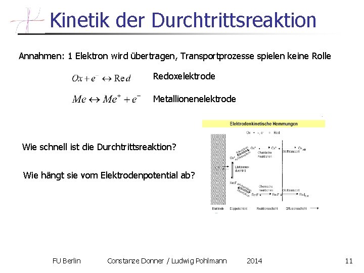 Kinetik der Durchtrittsreaktion Annahmen: 1 Elektron wird übertragen, Transportprozesse spielen keine Rolle Redoxelektrode Metallionenelektrode