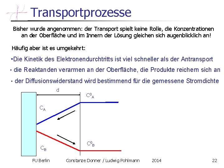 Transportprozesse Bisher wurde angenommen: der Transport spielt keine Rolle, die Konzentrationen an der Oberfläche