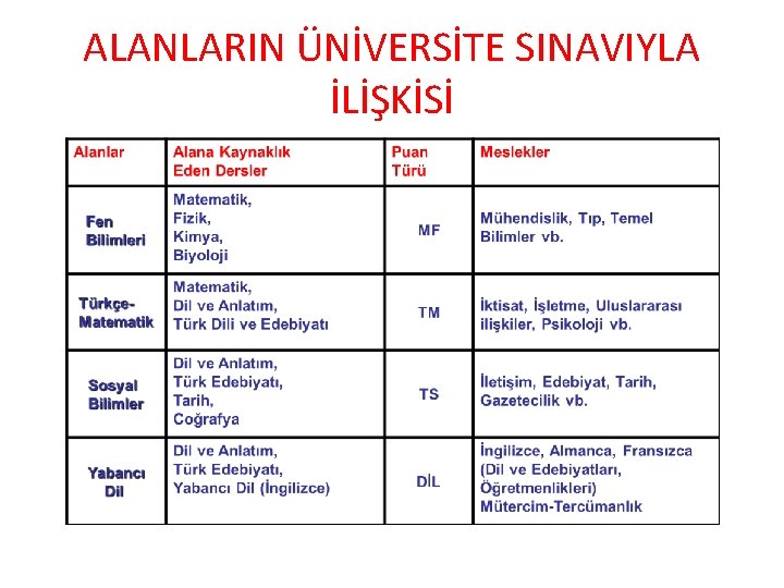 ALANLARIN ÜNİVERSİTE SINAVIYLA İLİŞKİSİ 