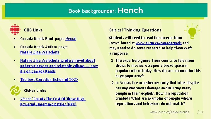 Book backgrounder: Hench CBC Links • Canada Reads Book page: Hench • Canada Reads