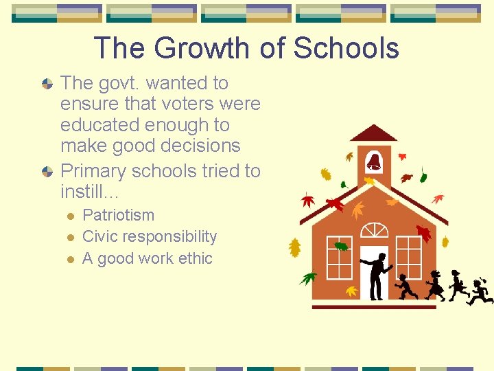 The Growth of Schools The govt. wanted to ensure that voters were educated enough